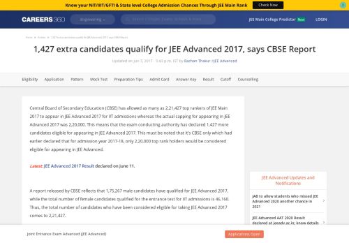 
                            6. 1,427 extra candidates qualify for JEE Advanced 2017, says CBSE ...