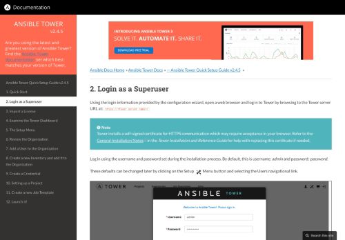 
                            13. 2. Login as a Superuser — Ansible Tower Quick Setup Guide v2.4.5