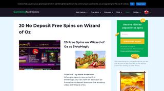 
                            5. 20 No Deposit Free Spins on Wizard of Oz - GamblingMetropolis