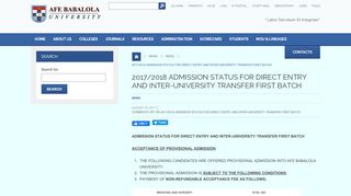 
                            7. 2017/2018 ADMISSION STATUS FOR DIRECT ENTRY AND INTER ...