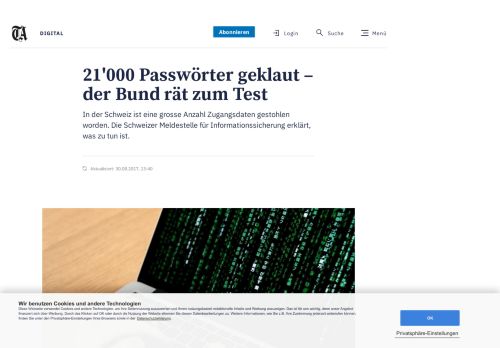 
                            8. 21'000 Passwörter geklaut – der Bund rät zum Test - Digital: Daten ...