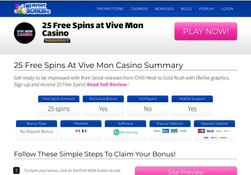 
                            5. 25 Free Spins at Vive Mon Casino - No Deposit Bonus