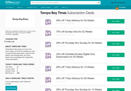 
                            13. 28% off Tampa Bay Times Subscription Deals & Discounts - Offers.com