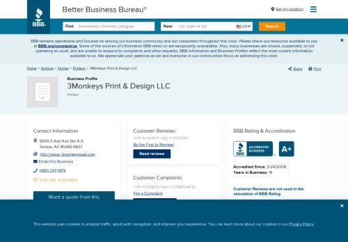 
                            12. 3Monkeys Print & Design, LLC | Better Business Bureau® Profile