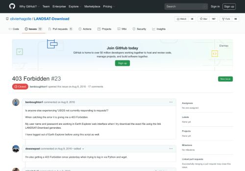 
                            6. 403 Forbidden · Issue #23 · olivierhagolle/LANDSAT-Download · GitHub