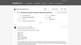 
                            7. #43269 WP User Enumeration is possible at https://blog.dropbox.com