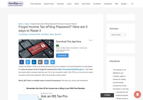 
                            13. 5 Ways to Reset Income Tax e-filing Password - ApnaPlan.com