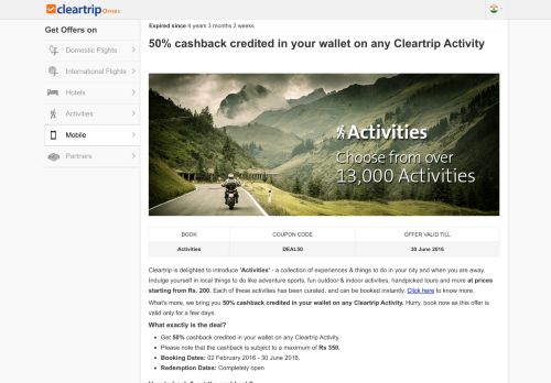 
                            6. 50% cashback credited in your wallet on any Cleartrip Activity | Cleartrip