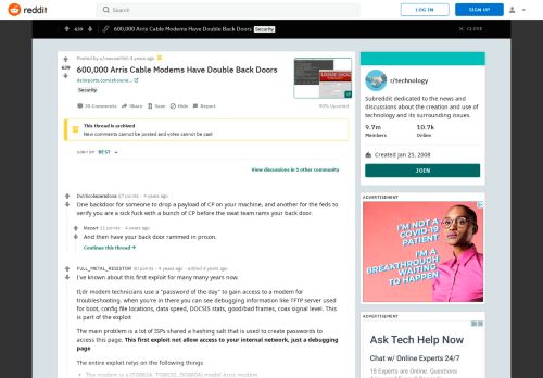 
                            6. 600,000 Arris Cable Modems Have Double Back Doors : technology ...