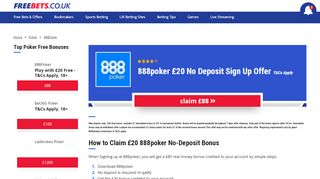 
                            8. 888poker - Claim Your £20 No Deposit Bonus | freebets.co.uk