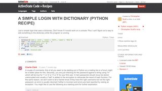 
                            10. A simple login with dictionary « Python recipes « ActiveState Code