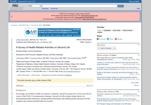 
                            11. A Survey of Health-Related Activities on Second Life - NCBI - NIH