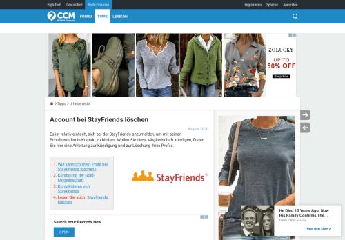 
                            5. Account bei StayFriends löschen - CCM - Recht & Finanzen