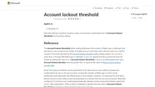 
                            2. Account lockout threshold (Windows 10) | Microsoft Docs