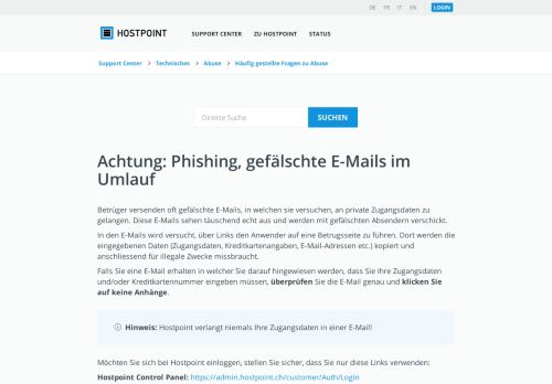
                            9. Achtung: Phishing, gefälschte E-Mails im Umlauf - Hostpoint Support ...