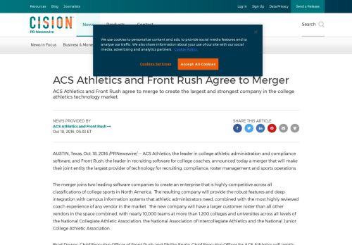 
                            7. ACS Athletics and Front Rush Agree to Merger - PR Newswire