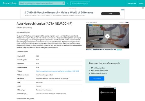 
                            6. Acta Neurochirurgica | RG Impact Rankings 2018 and 2019