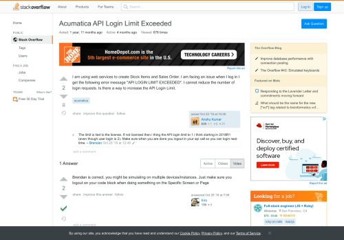 
                            7. Acumatica API Login Limit Exceeded - Stack Overflow