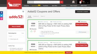 
                            8. Adda52 Coupons: 100% Joining Bonus + Rs.500 Extra Cashback