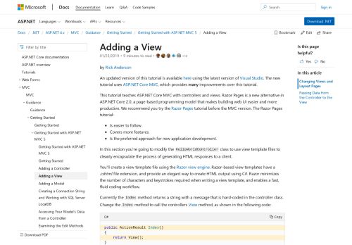 
                            10. Adding a View to an MVC app | Microsoft Docs