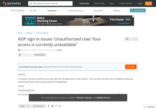 
                            8. ADP sign in issues 'Unauthorized User Your access is currently ...