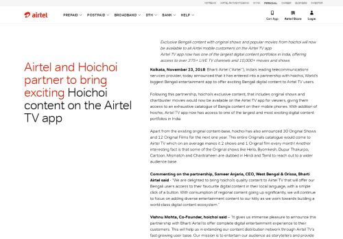 
                            10. Airtel & Hoichoi Partner to Bring Hoichoi Content on Airtel TV