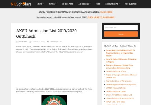
                            12. AKSU Admission List 2018/2019 [1st Batch] Out | Check - NGScholars