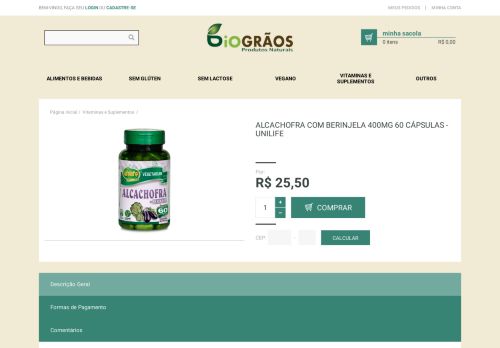 
                            12. Alcachofra com Berinjela 400mg 60 Cápsulas - Unilife