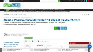 
                            12. Alembic Pharma consolidated Dec '13 sales at Rs 484.89 crore ...
