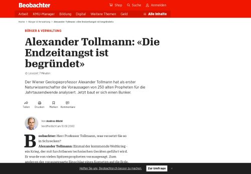 
                            12. Alexander Tollmann: «Die Endzeitangst ist begründet» - Beobachter