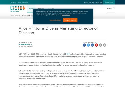 
                            13. Alice Hill Joins Dice as Managing Director of Dice.com - PR Newswire