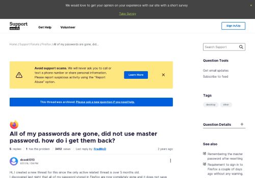 
                            9. All of my passwords are gone, did not use master ... - Mozilla Support