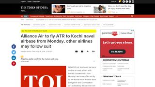 
                            3. Alliance Air to fly ATR to Kochi naval airbase from Monday, other ...