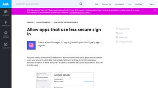
                            2. Allow apps that use less secure sign in - AOL Help