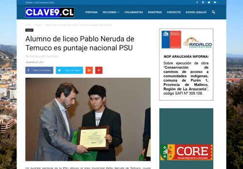 
                            12. Alumno de liceo Pablo Neruda de Temuco es puntaje nacional PSU ...