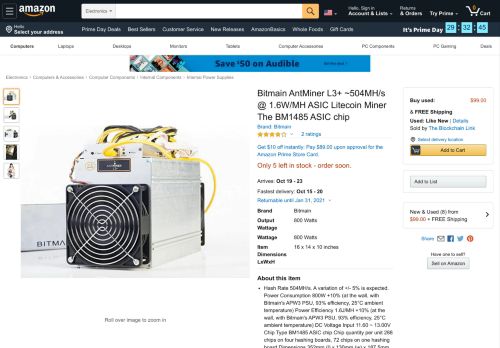 
                            7. Amazon.com: Bitmain AntMiner L3+ ~504MH/s @ 1.6W/MH ASIC ...