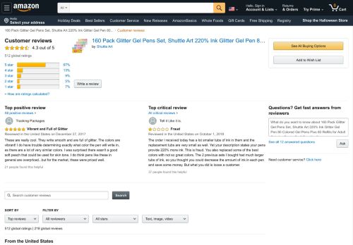 
                            6. Amazon.com: Customer reviews: 160 Pack Glitter Gel Pens Set ...