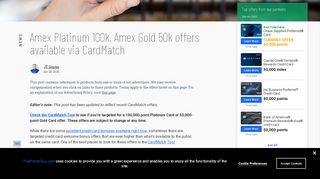 
                            7. Amex Platinum 100k Offer Returns via CardMatch, Amex Gold at 50k