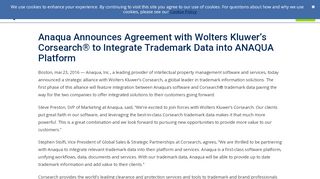 
                            4. Anaqua Announces Agreement with Wolters Kluwer's Corsearch® to ...