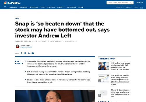 
                            11. Andrew Left bullish on Snap because it's 'so beaten down' - CNBC.com