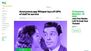 
                            2. Anonymous app Whisper lays off 20% of staff to survive | TechCrunch
