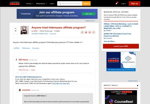 
                            12. Anyone tried hidemyass affiliate program? | Warrior Forum - ...