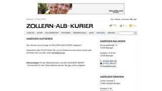 
                            7. Anzeigen / Aufgeben / ZOLLERN-ALB-KURIER