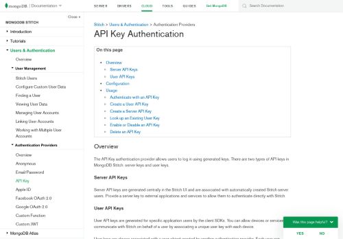 
                            10. API Key Authentication — MongoDB Stitch - MongoDB Documentation