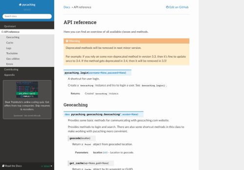 
                            9. API reference - pycaching - Geocaching for Python - Read the Docs
