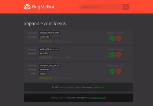 
                            4. appannie.com passwords - BugMeNot