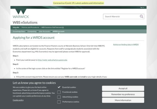 
                            4. Applying for a WRDS account - University of Warwick