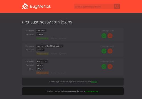 
                            9. arena.gamespy.com passwords - BugMeNot