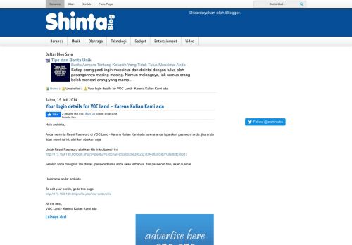 
                            6. Arsintha Blog » Your login details for VOC Land - Karena Kalian Kami ...