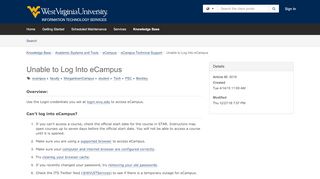 
                            8. Article - Unable to Log Into eCampus - itshelp@mail.wvu.edu